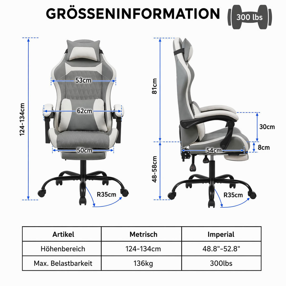 GAMING-STUHL grau mit Rautensteppung, Fußstütze, Nacken- und Lendenkissen, höhenverstellbar - Grau, Leder (54/124/62cm) - BRILVERDE