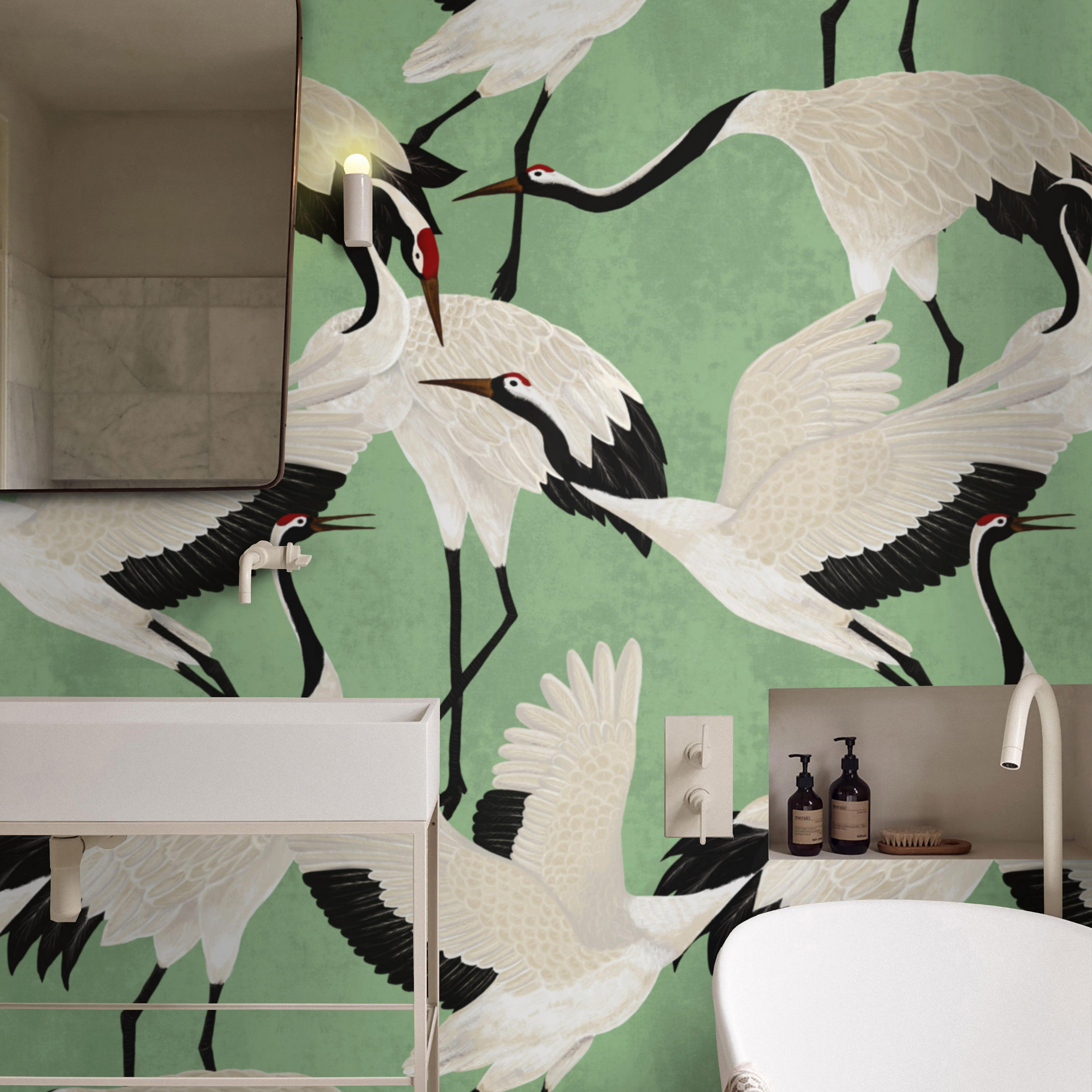 TAPETE Reiher aus echtem Papier, 200x280cm, 8 Bögen - Grün, Papier (200/280cm) - WALLPAPERS4BEGINNERS
