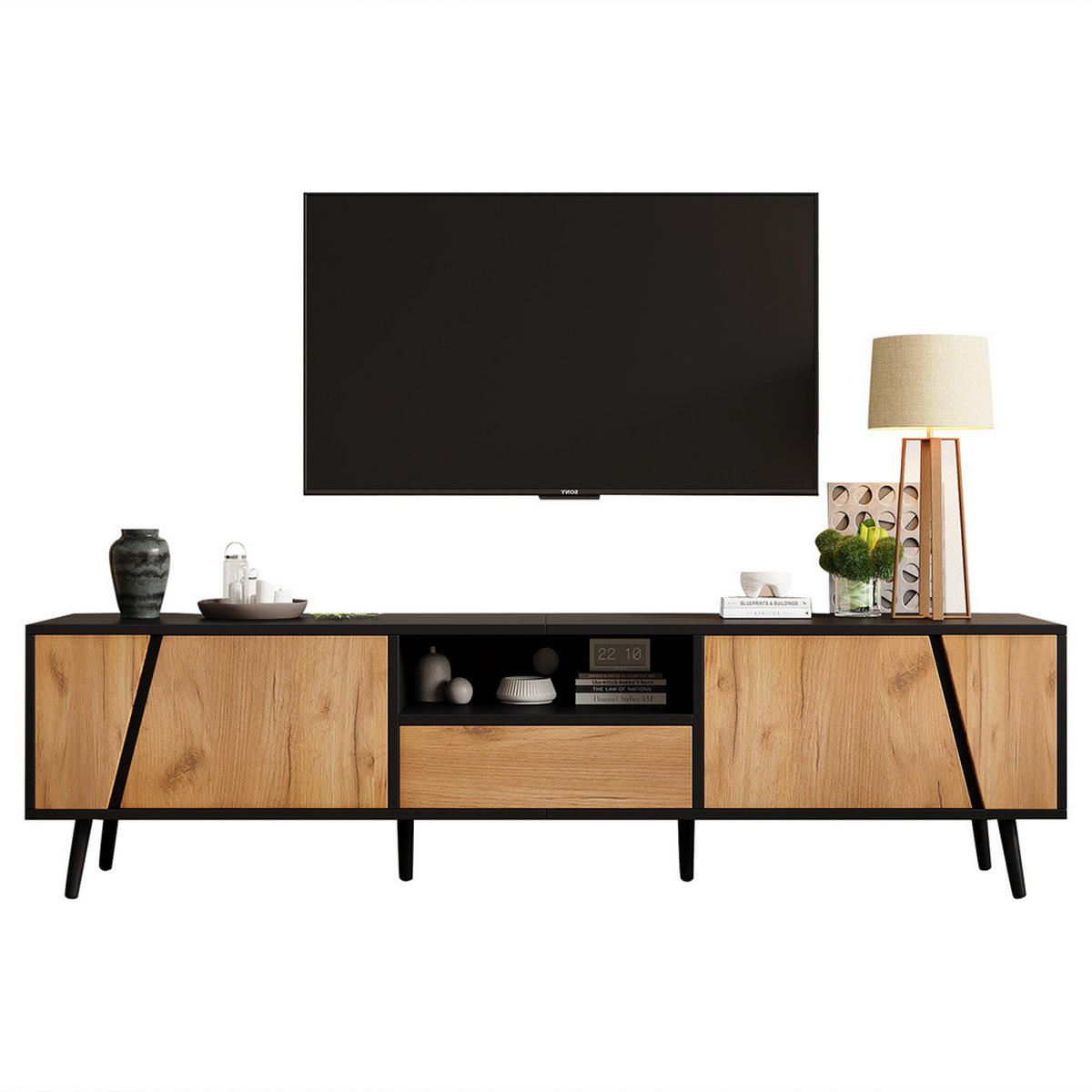 TV-SCHRANK 180x40cm Lowboard Modern Schubladen 2 Schränke Naturholz-Schwarz - Schwarz, Holz (50.8/12.07/64.77cm) - FLIEKS