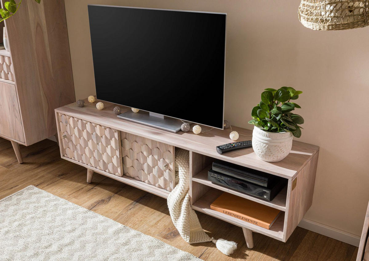 TV-BOARD Akazie 145x35x45 weiß lackiert MOSAYK #201 - Weiß, Holz (145/45/35cm) - Massivmoebel24