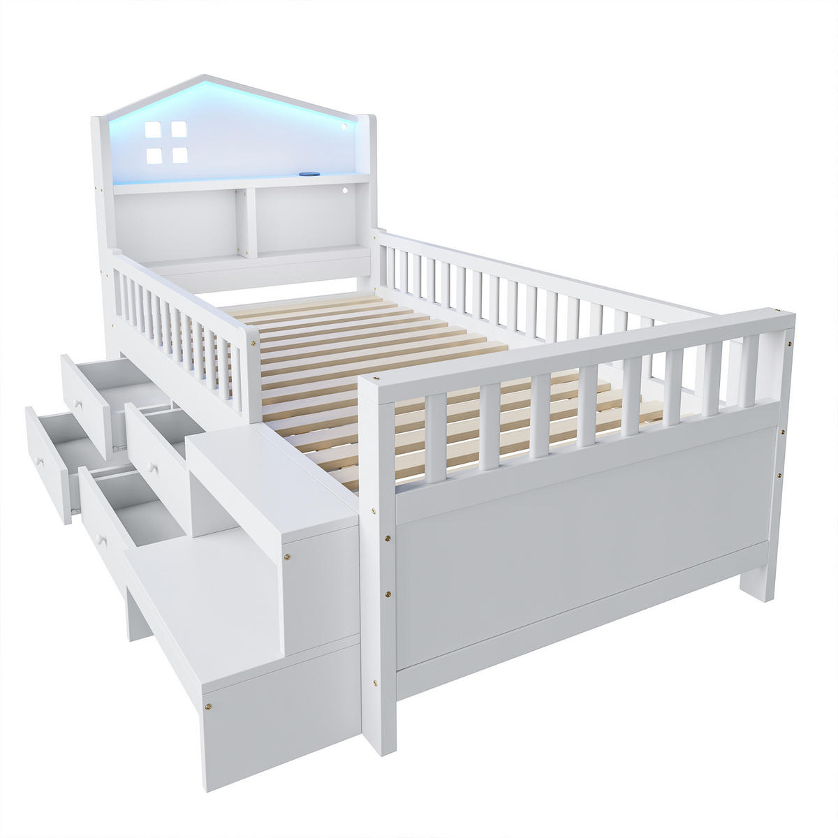 KINDERBETT 90/200 cm DE-01475, in Weiß, mit 4 Schubladen, LED-Leuchten und Ladeanschlüssen - Weiß, Holz (90/200cm) - ComfortXL