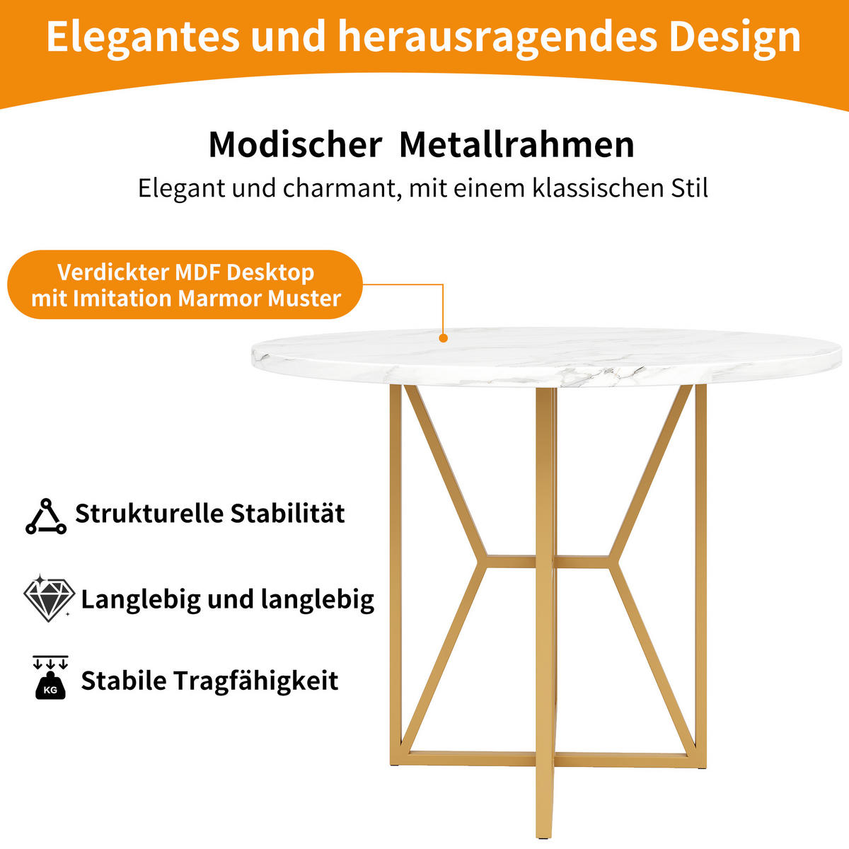 ESSTISCH 80/80/76 cm golden mit Marmor-MDF-Tischplatte und verstellbaren Füßen - Weiß, Holzwerkstoff (80/80/76cm) - OKWISH