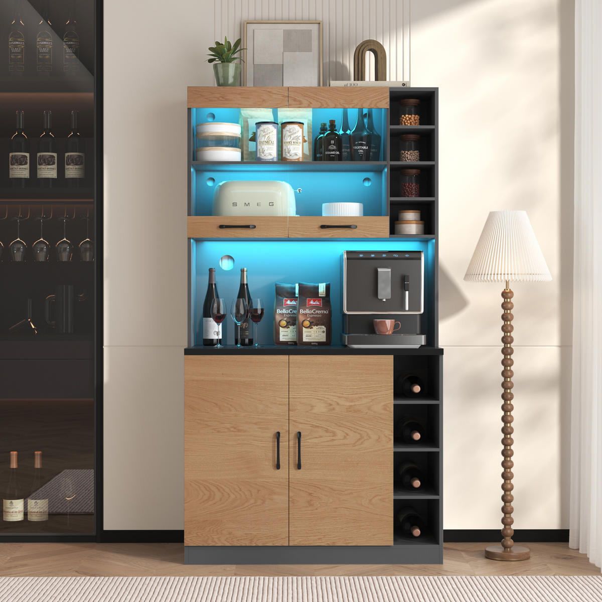 KÜCHENSCHRANK in Holz- und Schwarz-Optik mit LED - Schwarz, Holzwerkstoff (47/187/100cm) - Urban Meuble