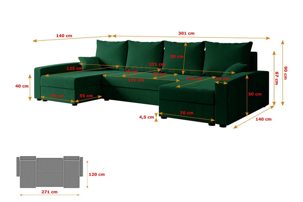 WOHNLANDSCHAFT mit Schlaffunktion und Bettkasten ALESIA-U 301x140x90 cm Grün Velours - Silberfarben/Grün, Holzwerkstoff/Kunststoff (301/90/140cm) - ALTDECOR