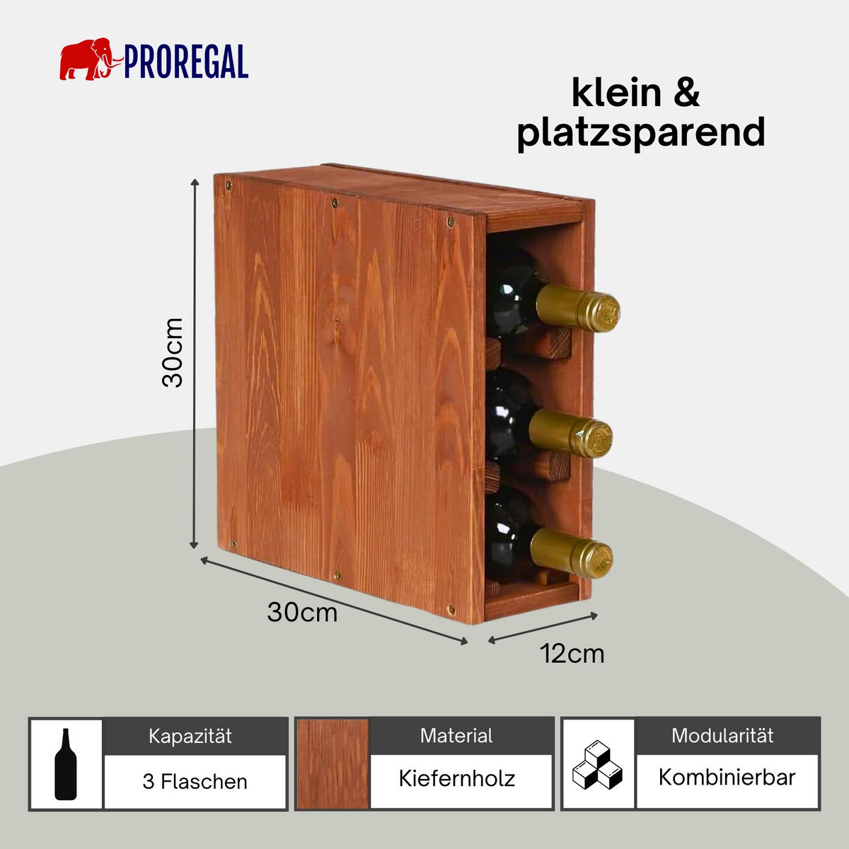WEINREGAL Vincellar Mod 30x12x30 cm Schmal Modul Für 3 Flaschen Massives Kiefernholz Braun Geölt - Braun, Holz (12/30/30cm) - PROREGAL