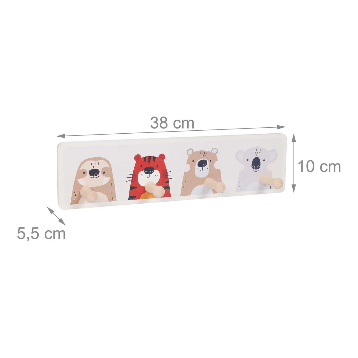 VĚŠÁK Vícebarevný dětský 4-háčky 10x38 cm - různobarevná/hnědá, dřevo/kompozitní dřevo (38/10/5.5cm) - Relaxdays