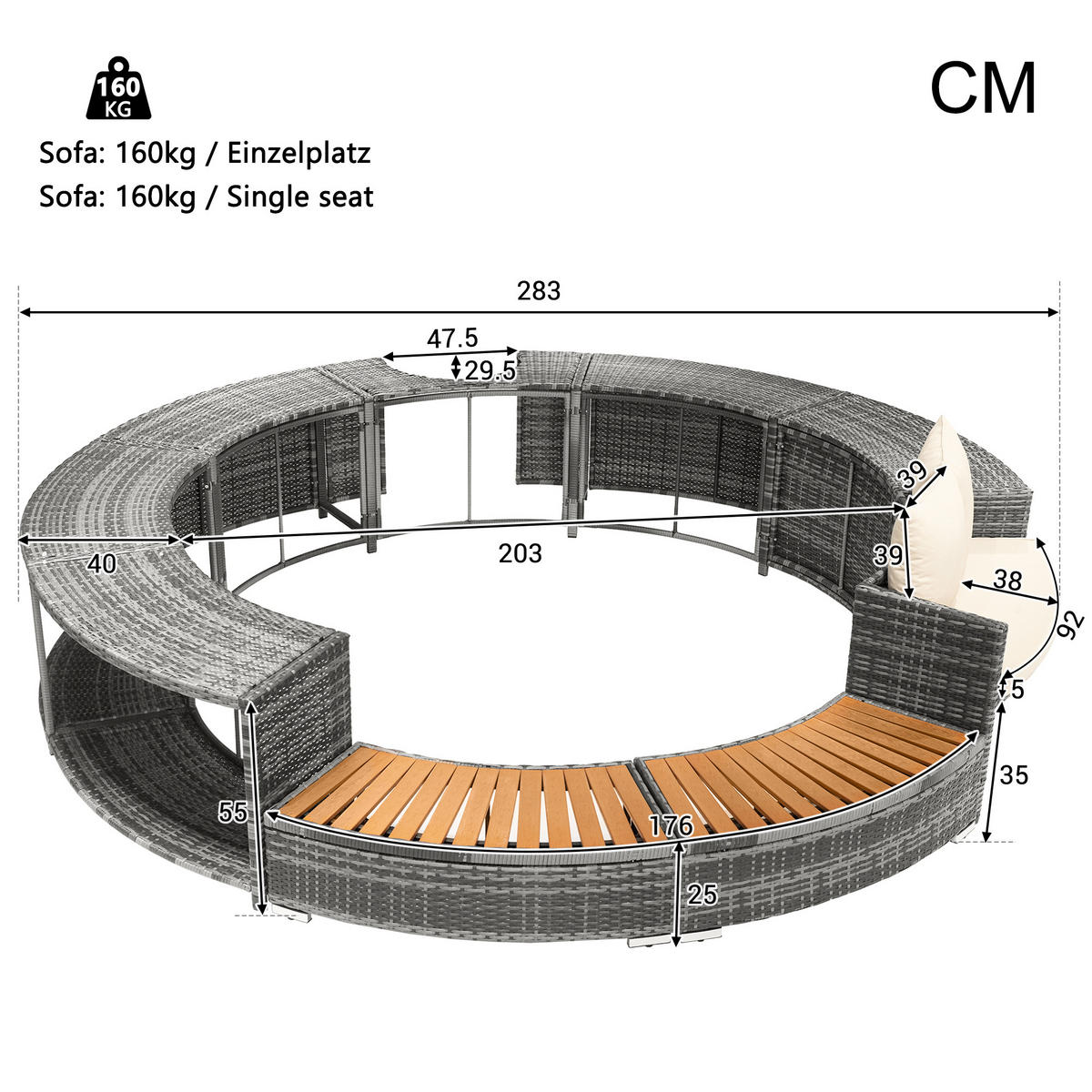 GARTEN Lounge Set mit runder Couch für Whirlpool oder Poolbereich mit verstellbaren Füßen und Kissen Terrasse Garten - Grau, Metall
