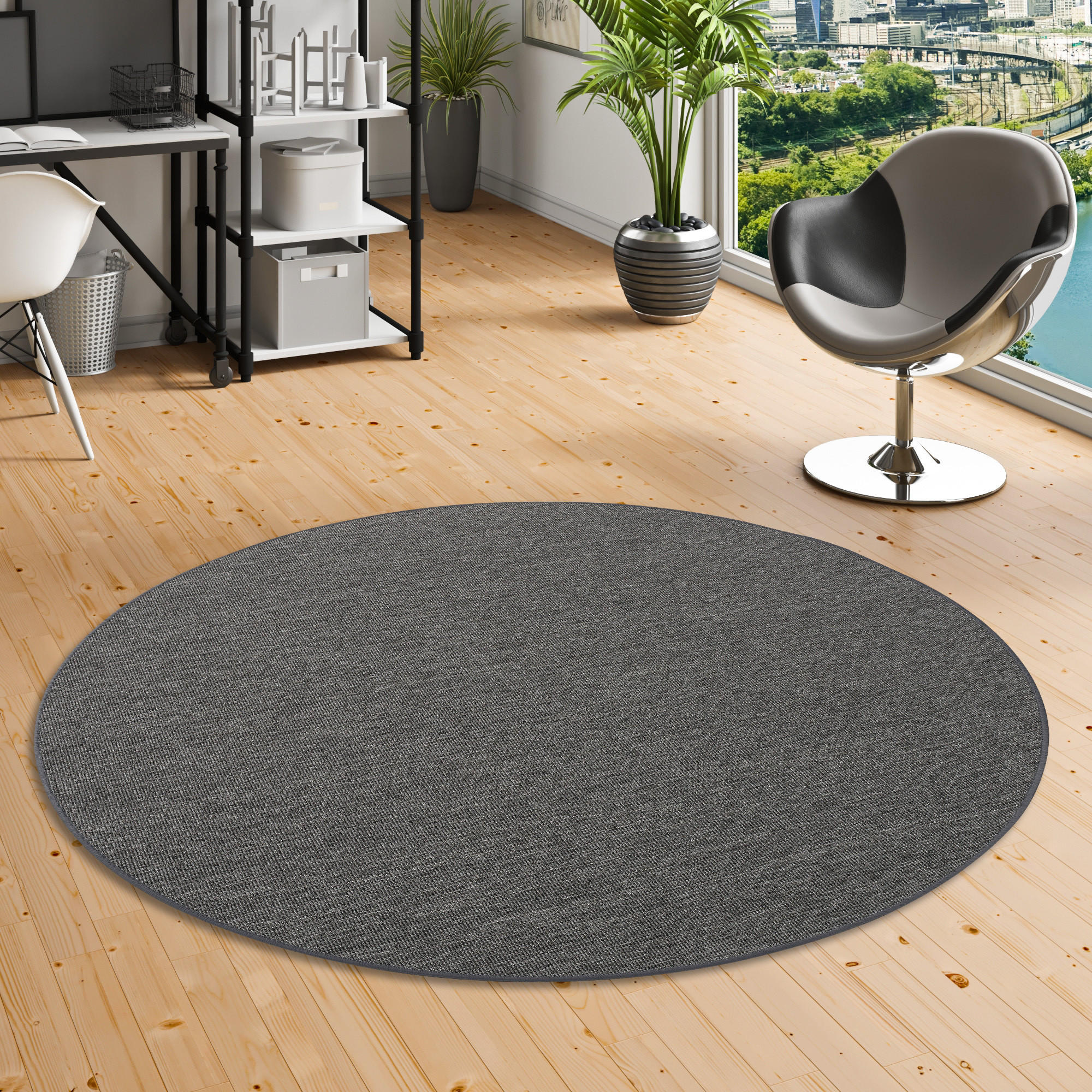 SISAL-OPTIK DESIGNER FLACHGEWEBE TEPPICH PURE MELIERT RUND - Anthrazit, Textil (100/100cm) - Snapstyle