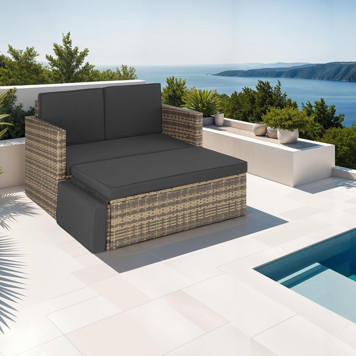 RATTANLOUNGE Korfu, 119 x 64,5 x 71,5 cm, Nature, Polyrattan, Stahl, Outdoor mit Hocker und Kissen, UV-beständig, Wasserabweisend - Naturfarben, Kunststoff - tectake