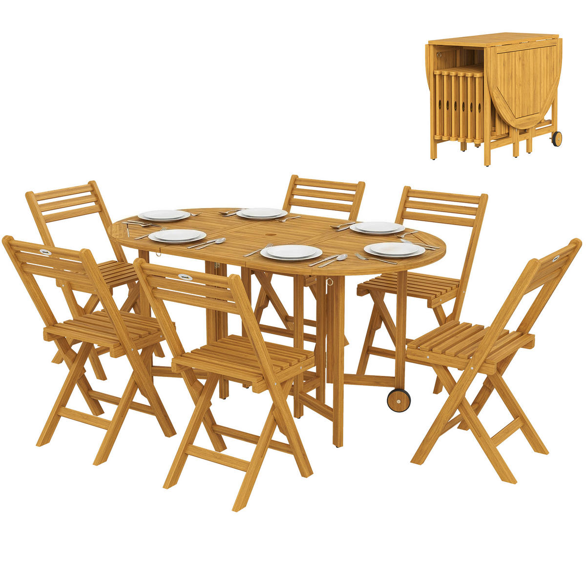 GARTENMÖBEL Set 7-teilig,FSC Holz ausziehbar Tisch+6 Klappstühle mit Schirmloch - Beige, Holz - Vallsero