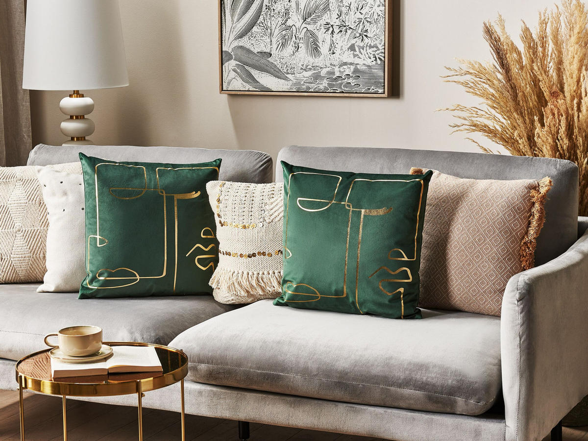 DEKOKISSEN 2er-Set Smaragdgrün 45/45 cm Philodendron - Smaragdgrün, Textil (45/45cm) - Beliani