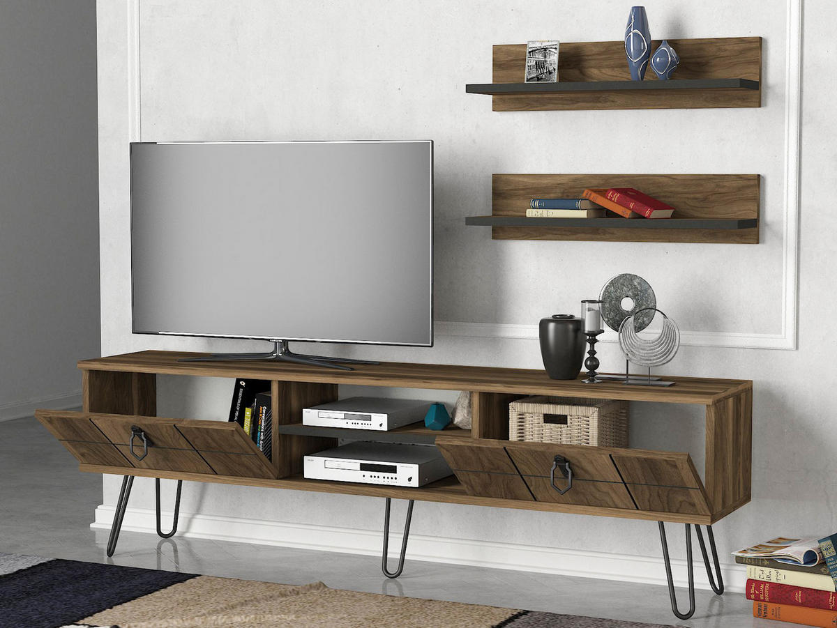 WOHNWAND Rialto mit Metallfüße Walnuss - Walnussfarben/Schwarz, Holzwerkstoff/Metall (150/46/30cm) - moebel17