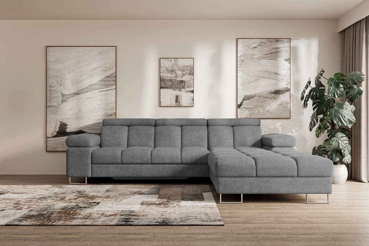 ECKSOFA mit Schlaffunktion Ottomane Rechts COMA L 271x203x79 Grau Velours - Grau, Holzwerkstoff/Textil (203/271cm) - ALTDECOR