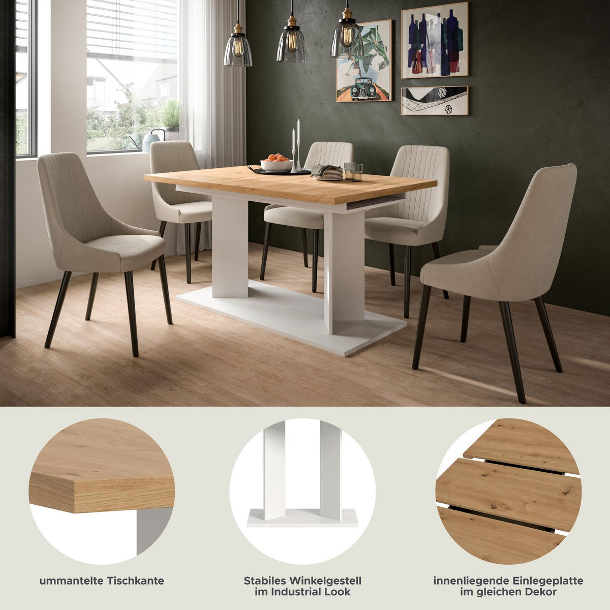 ESSTISCH Gunnar (B/H/T: ca. 220/76/100 cm) in weiß/Artisan Eiche Nachbildung - Weiß, Holzwerkstoff (100/220/76cm)