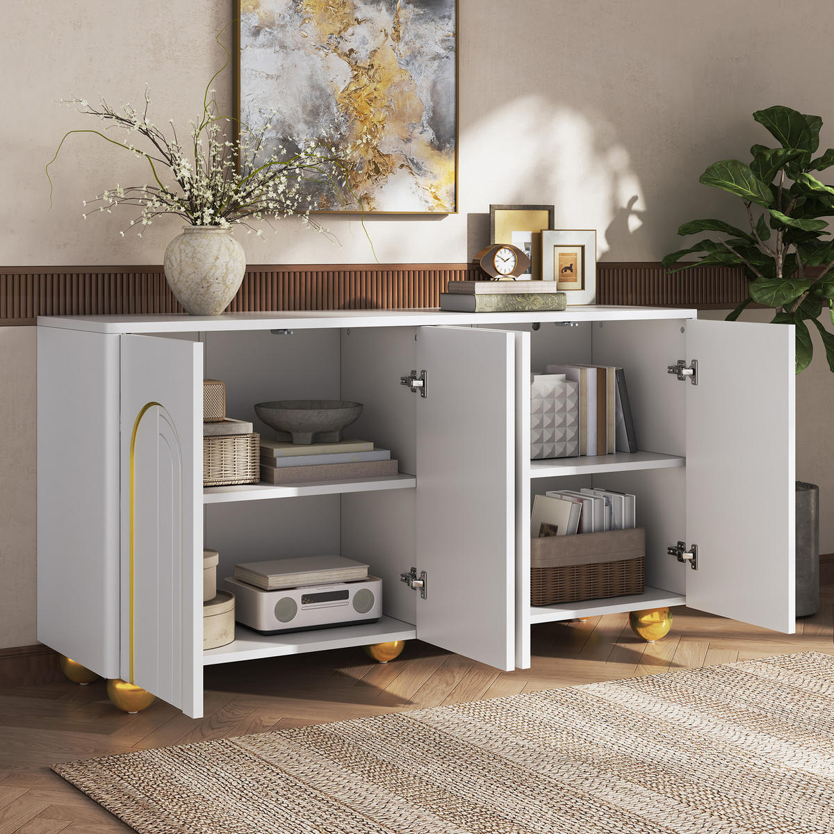 SIDEBOARD 4 Türen Goldlinien Design Metallfüße Modern Schrank - Weiß, Holzwerkstoff (140/74/40cm) - FLIEKS