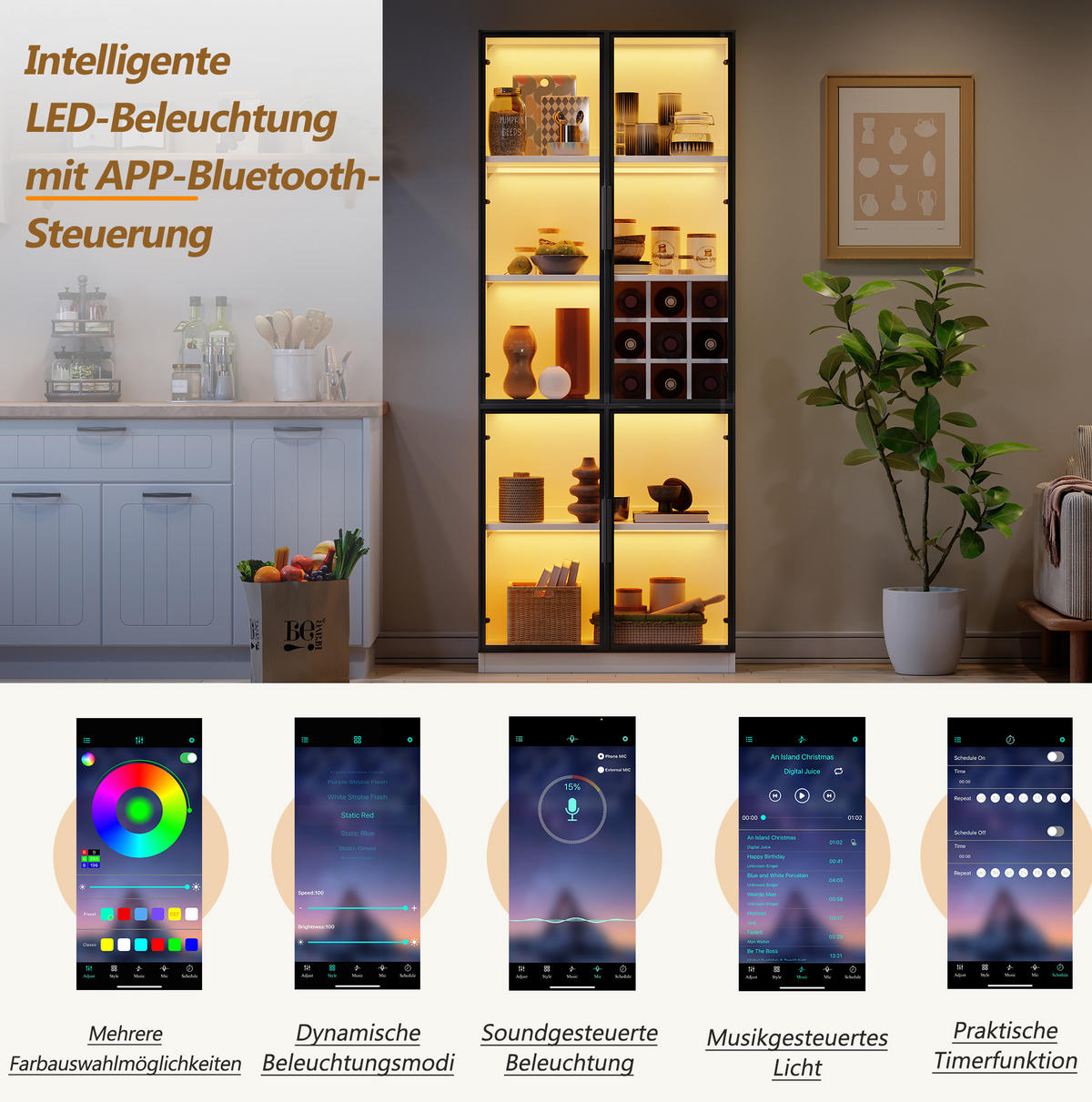VITRINE 80/35/200 cm aus Spanplatte mit LED-Beleuchtung, App-Steuerung und Weinfach, Weiß - Weiß, Holzwerkstoff (80/200/35cm) - Redom