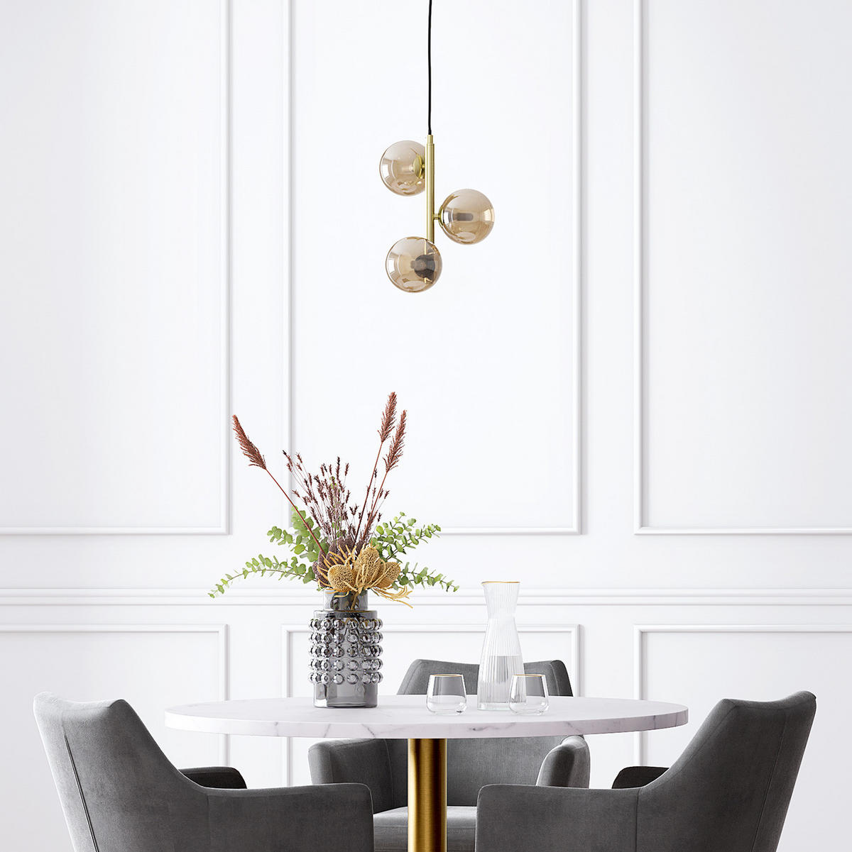 PENDELLEUCHTE - Metall / Glas - 3-flammig - Goldfarben/Bernsteinfarben, Glas/Metall (23/25/150cm) - home24