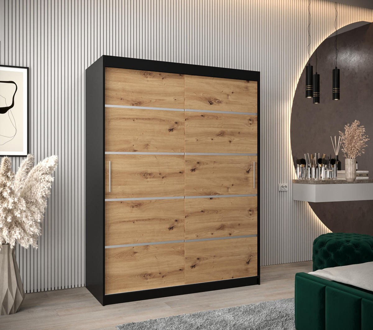 SCHWEBETÜRENSCHRANK 200/150/62 2-türig - Silberfarben/Schwarz, Holz/Kunststoff (150/200/62cm) - Abiks Möbel