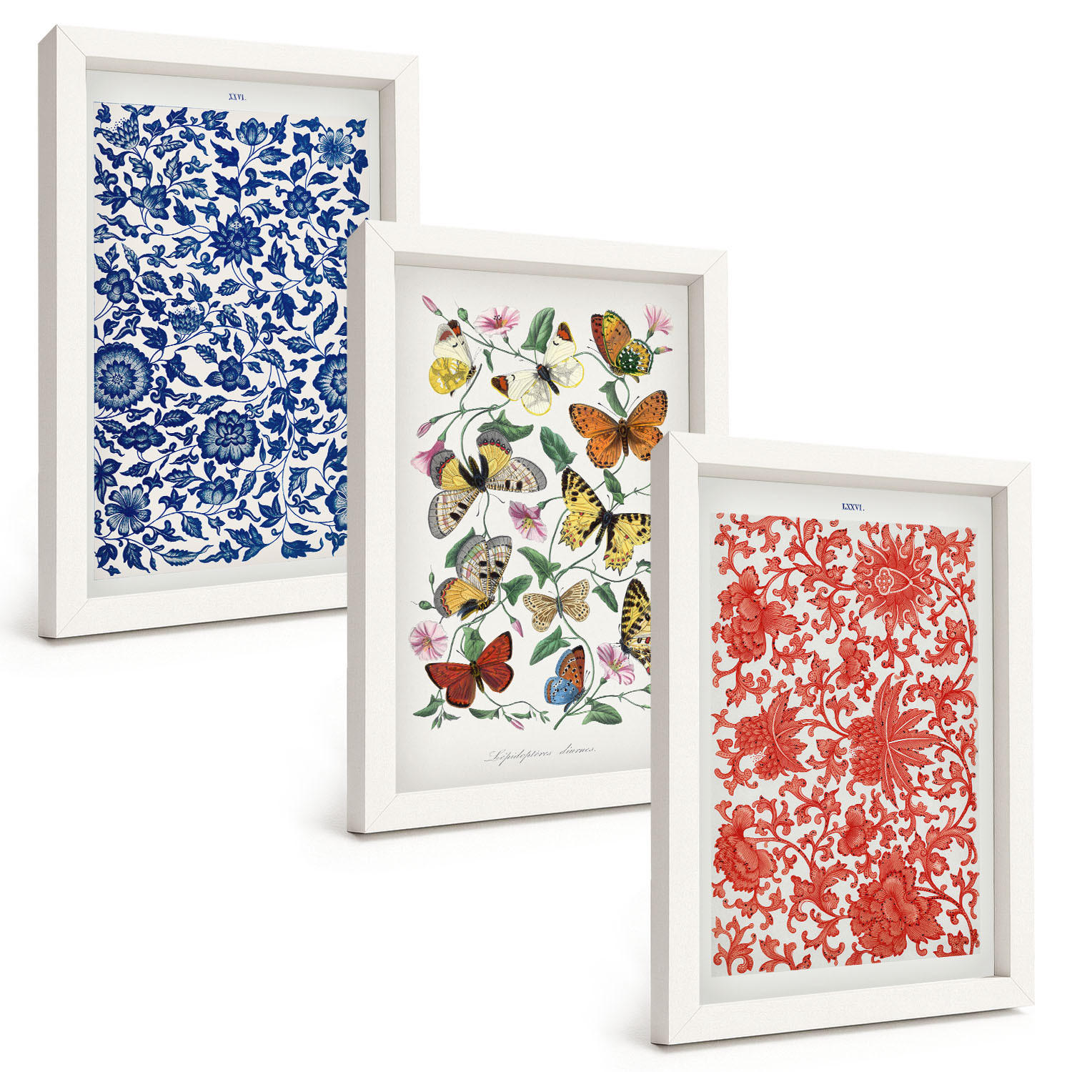 BILDER SET 3er Set - 20x30 cm Weißer Rahmen - Vintage-Blumen-Schmetterlings-Ornamente - Weiß, Kunststoff (20/30cm) - TULUP