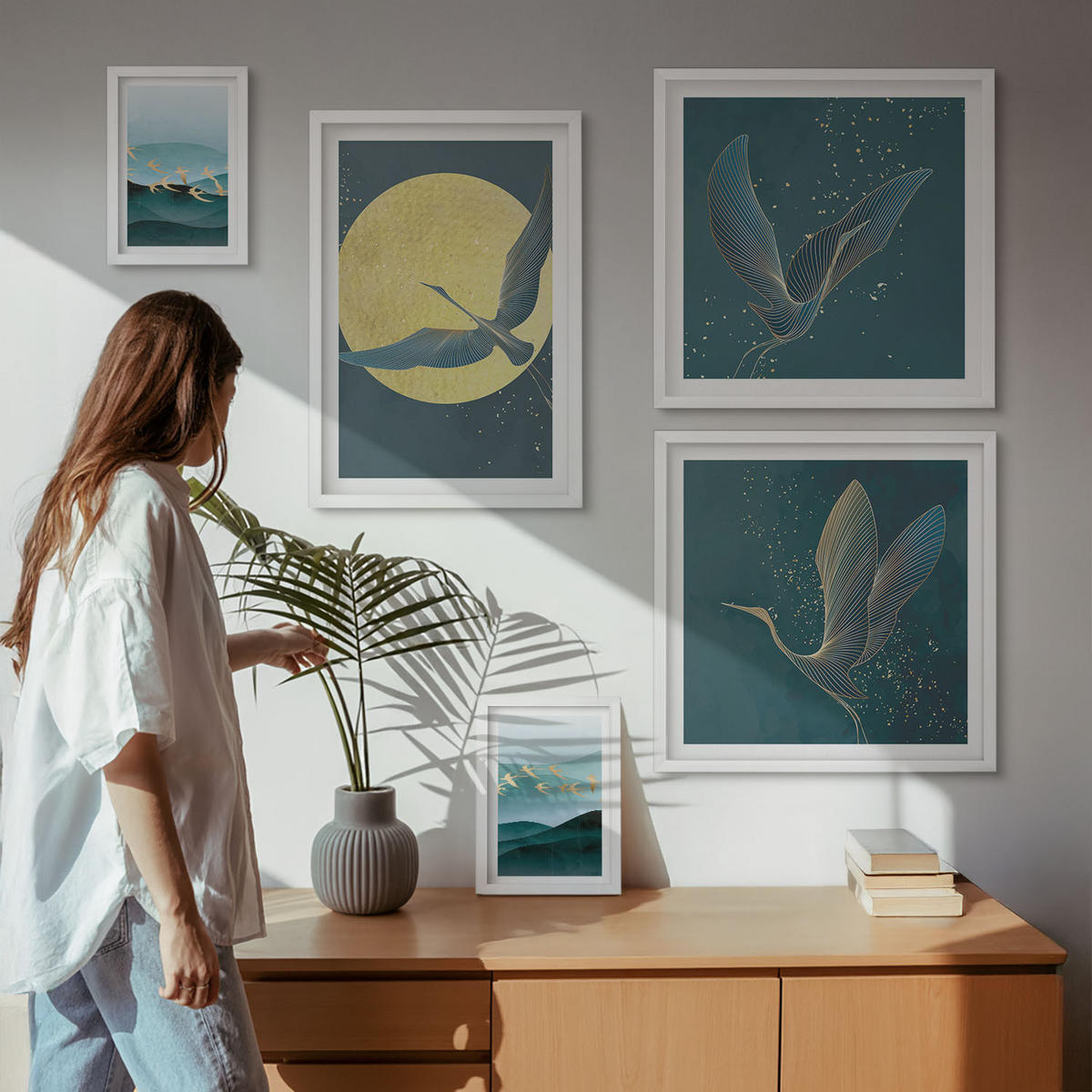 WANDBILDER 5er-Set - 50x50 cm & 20x30 cm & 40x60 cm Weißer Rahmen - Abstrakte Landschaften von Vogelwellen - Weiß, Kunststoff (40/60cm) - ArtPrintCave