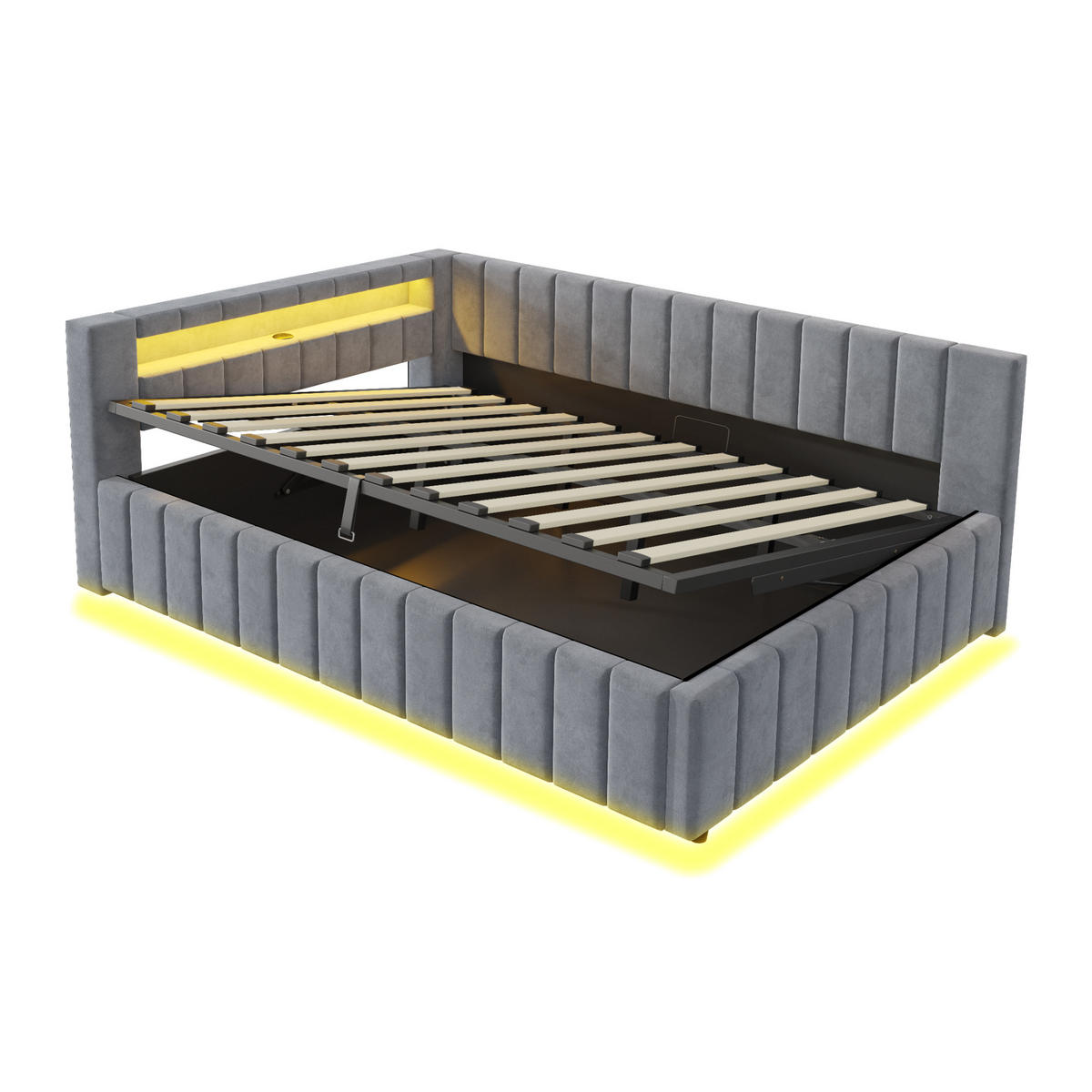 POLSTERBETT mit Stauraum 140x200 cm Samt Grau mit LED und USB - Dunkelgrau, Metall (140/200cm) - Meubliv