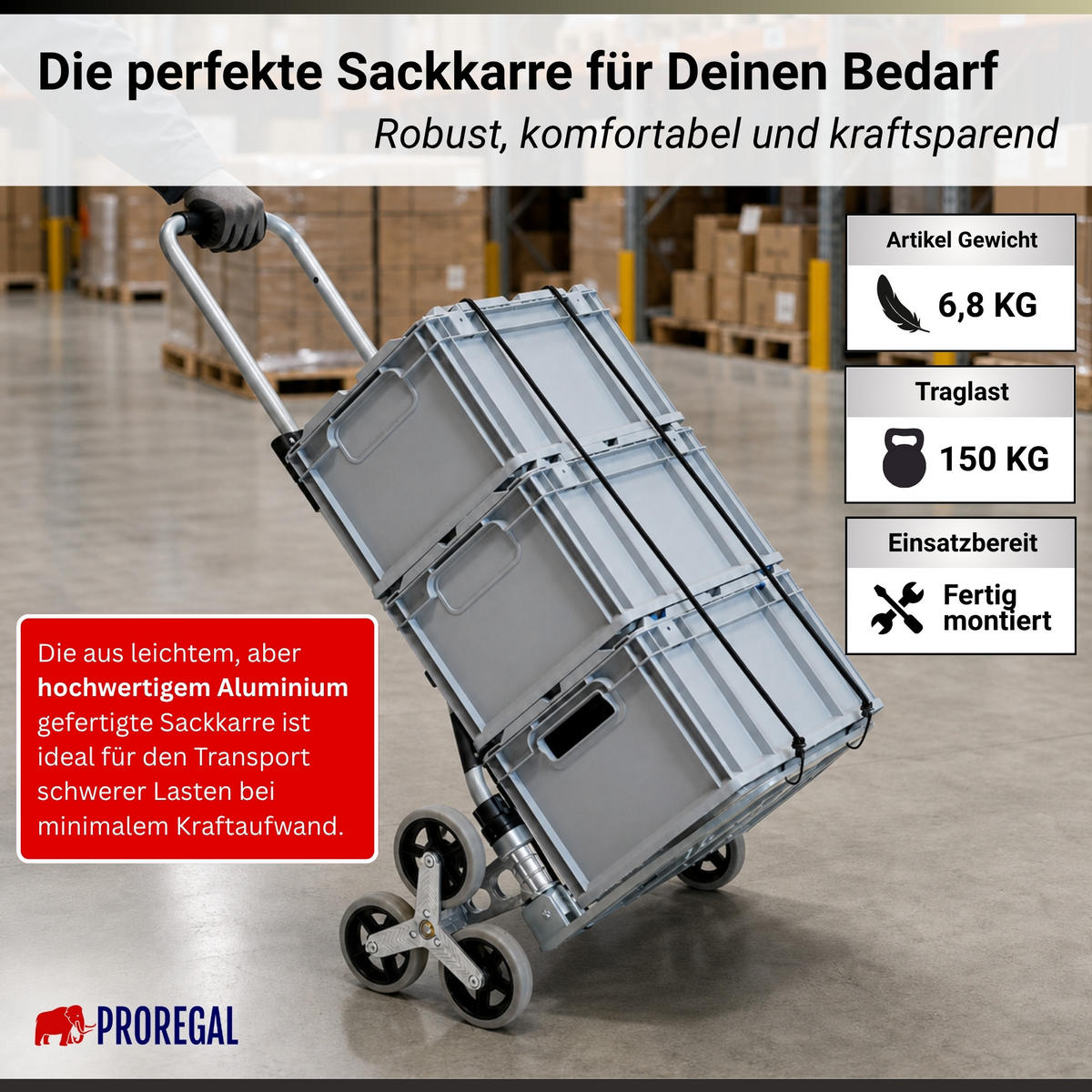 TREPPENSTEIGER Sackkarre Elephant klappbar 112x49x58cm Traglast 150kg AluminiumrahmenTRR Fachgummiräder Schwarz - Silberfarben, Metall (58/49/112cm) - PROREGAL
