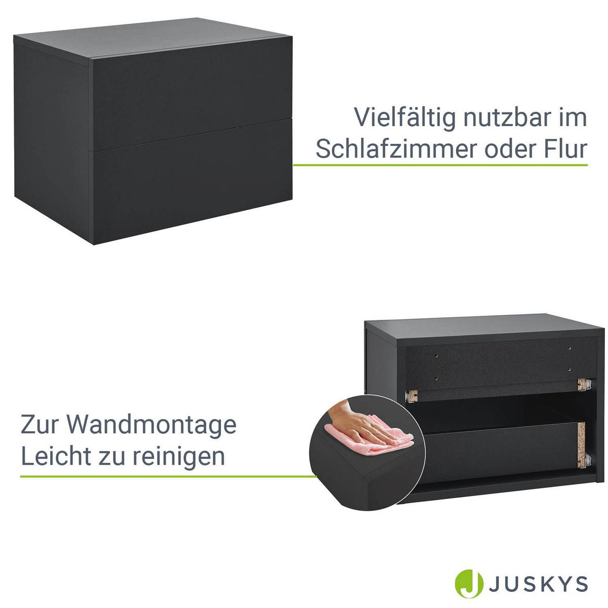 WANDSCHRANK Nachttisch mit 2 Schubladen Schwarz 40x29x30 cm - Schwarz, Holz (40/30/29cm) - Juskys
