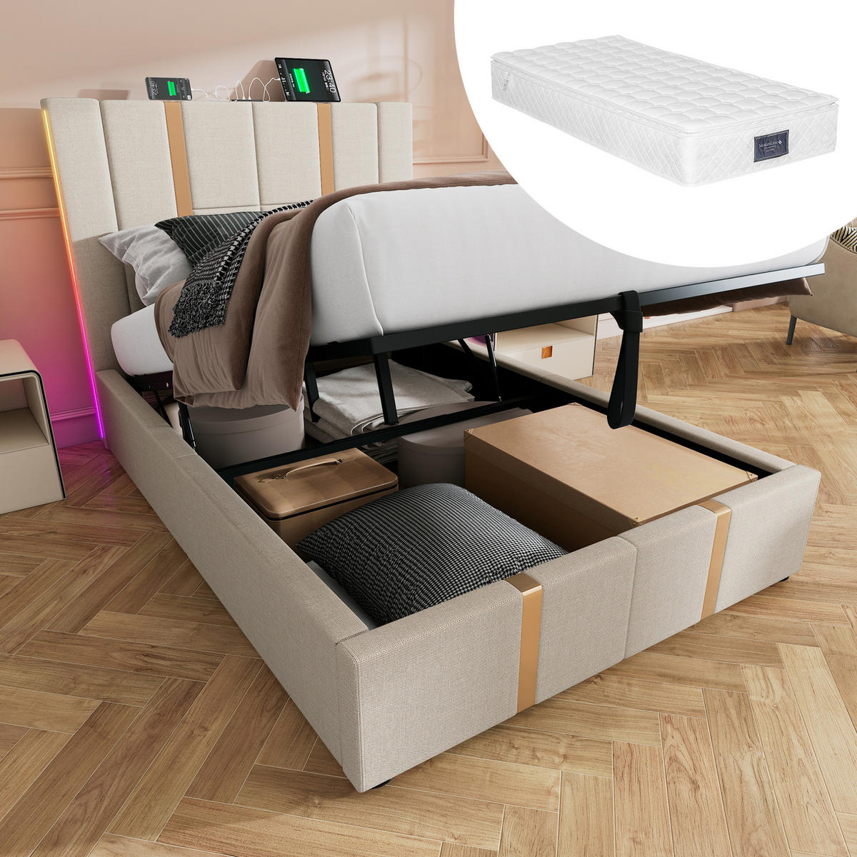 ČALÚNENÁ posteľ z ľanu 90x200 cm béžová s USB a USB-C nabíjaním, LED osvetlením a úložným priestorom - béžová, textil (90/200cm) - Modfu