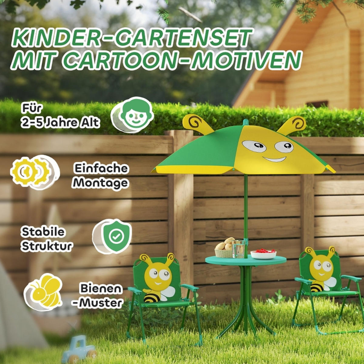 KINDER-GARTENMÖBEL4 tlg Kinder Gartenmöbel Bienen-Design 49,5x49,5x50cm Mit Sonnenschirm - Grün, Textil - Raelunyi