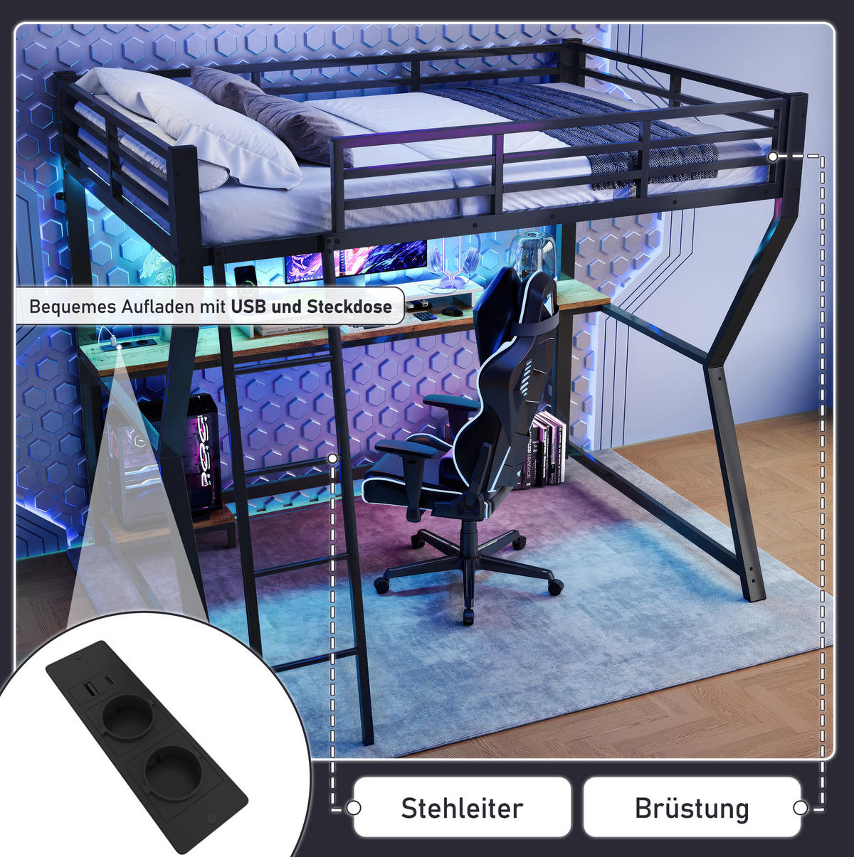 HOCHBETT 90/200 cm, Schwarz mit Schreibtisch, Steckdose und USB, ohne Matratze - Schwarz, Metall (90/200cm) - MIVRAY