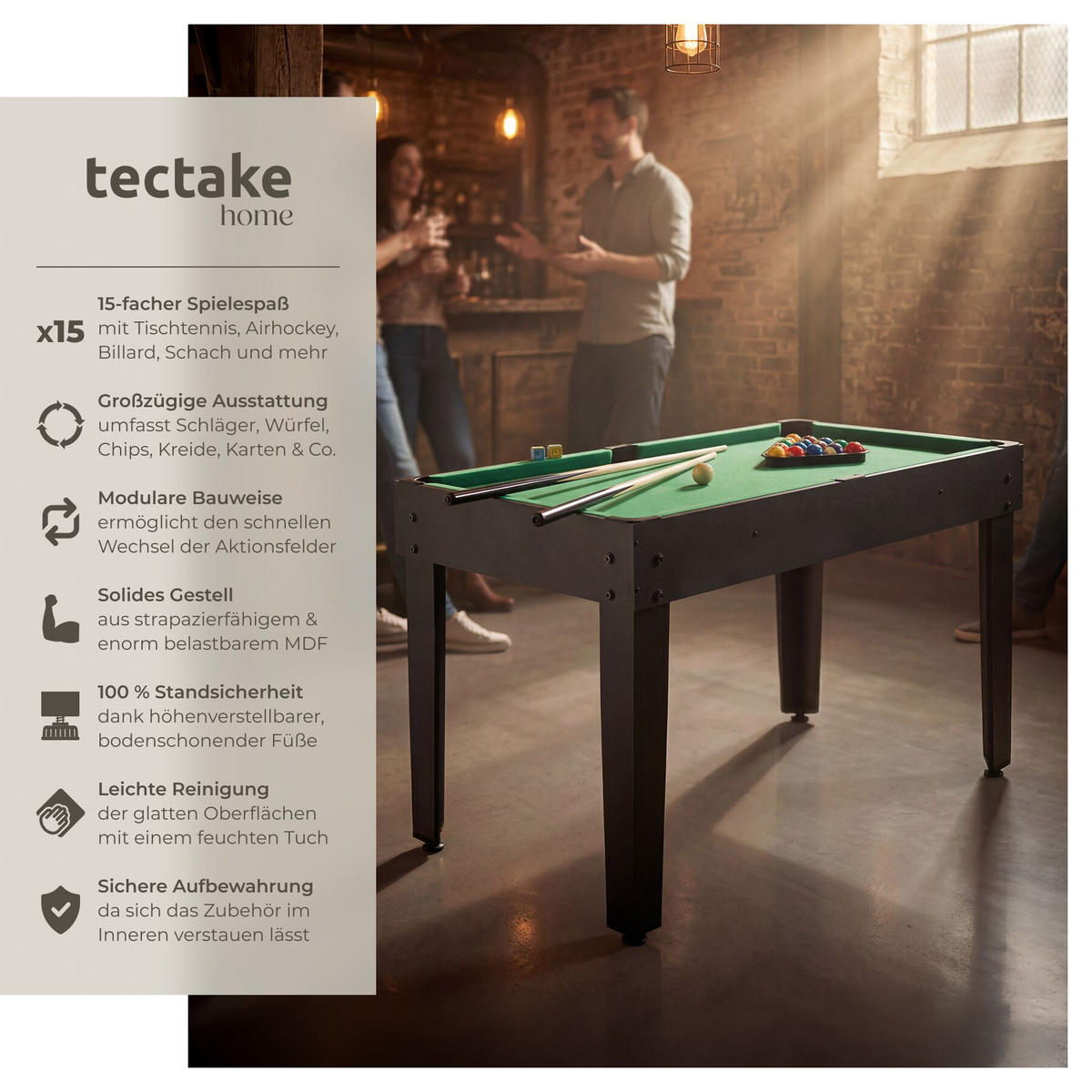 MULTIFUNKTIONALER SPIELTISCH Sirgamealot, 125 x 123 x 83 cm, schwarz/grün - Schwarz/Grün, Holz (125/123cm) - tectake