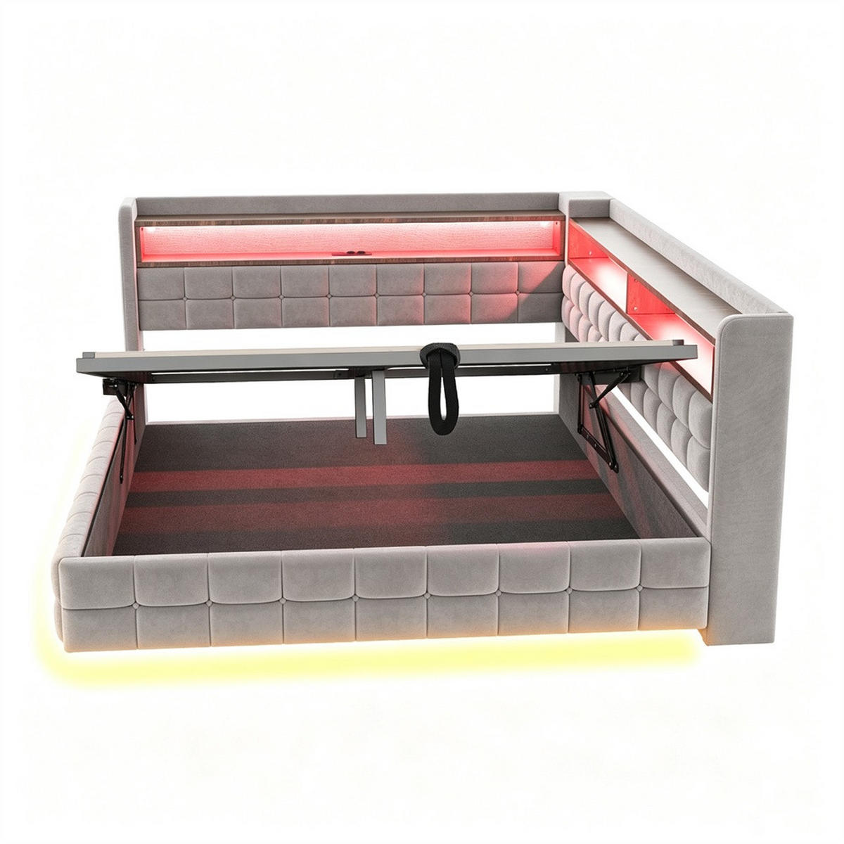 POLSTERBETT 140x200 cm mit hydraulischem Stauraum und Regal - LED Beleuchtung - USB & Typ-C - Hellgrau - ohne Matratze - Hellgrau, Textil (140/200cm) - DELFA