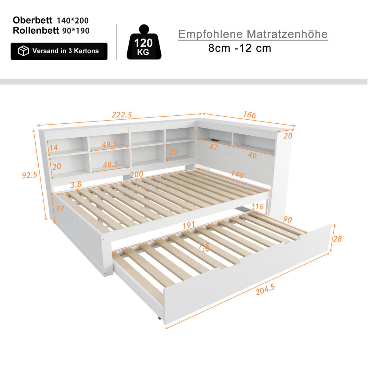 HOLZBETT 140/200 cm in Weiß mit Ausziehbett und USB-Anschluss - Weiß, Holz (140/200cm) - BEAOK