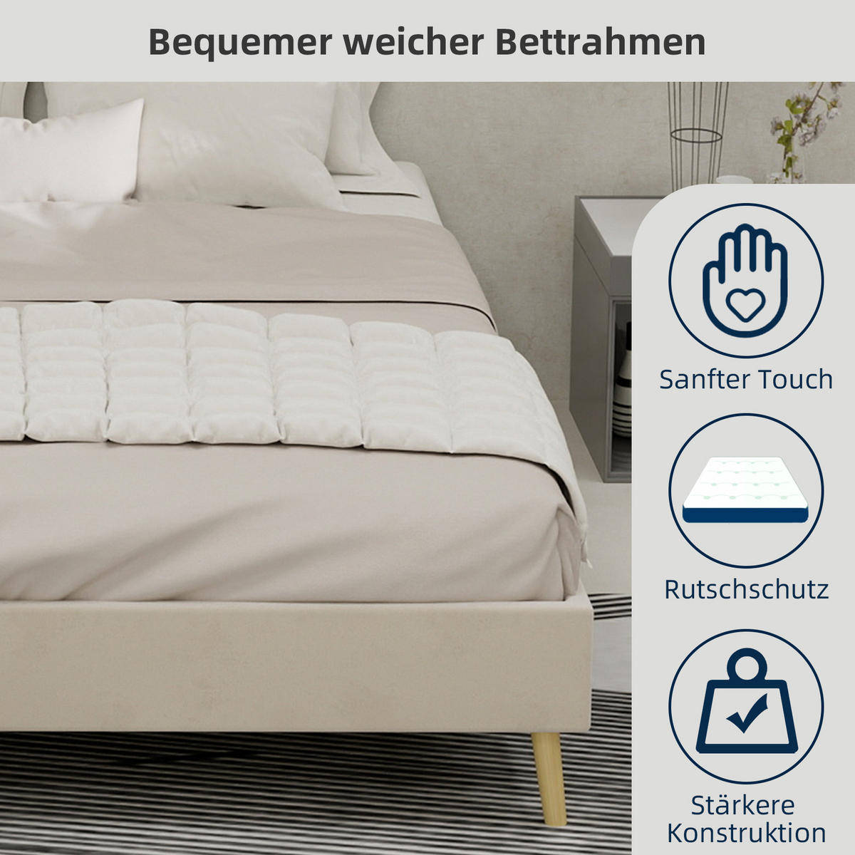 BETT 140/200 cm in Beige Samt - Beige, Holzwerkstoff/Textil (140/200cm) - WISHDOR