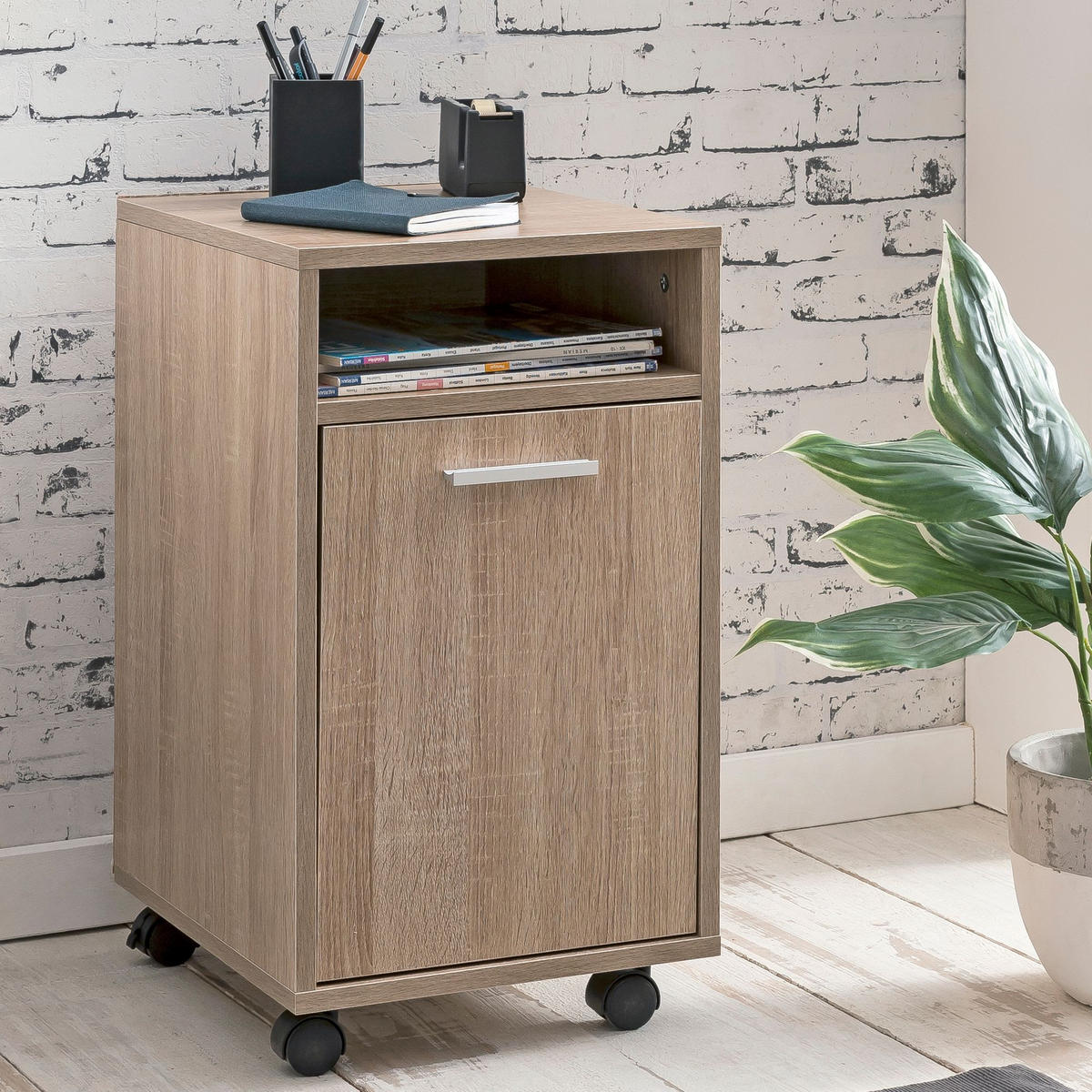 ROLLCONTAINER 2 Türfächer Ablage Rollen Mit Bremsen OSSOLA, Beige 33x38x60 cm - Beige/Schwarz, Holz/Kunststoff (33/60/38cm) - KADIMA DESIGN
