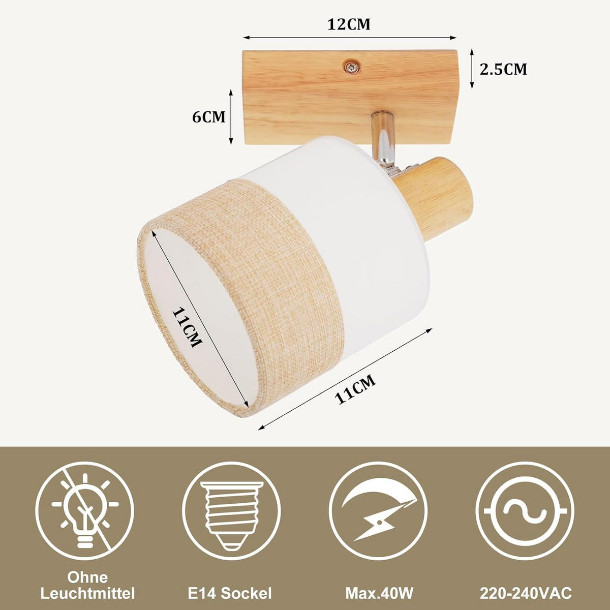 DECKENSTRAHLER Finni 13/13/21 cm - Beige, Holz (21/13/13cm) - ZMH