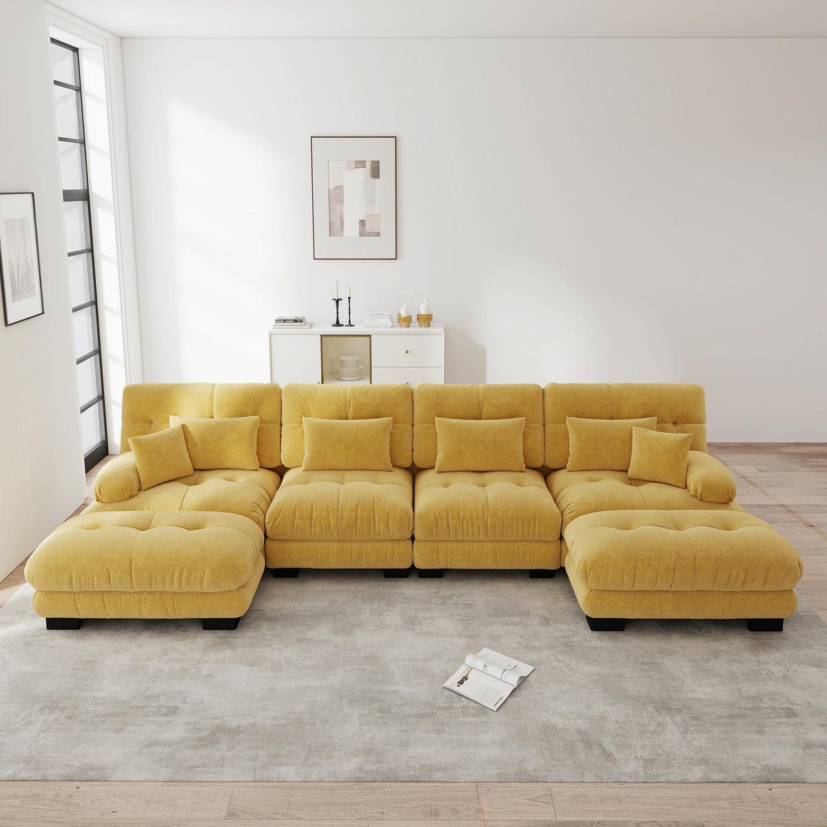WOHNLANDSCHAFT Chenille Gelb mit Ottomane - Gelb, Textil (406/81/145cm) - WISHDOR