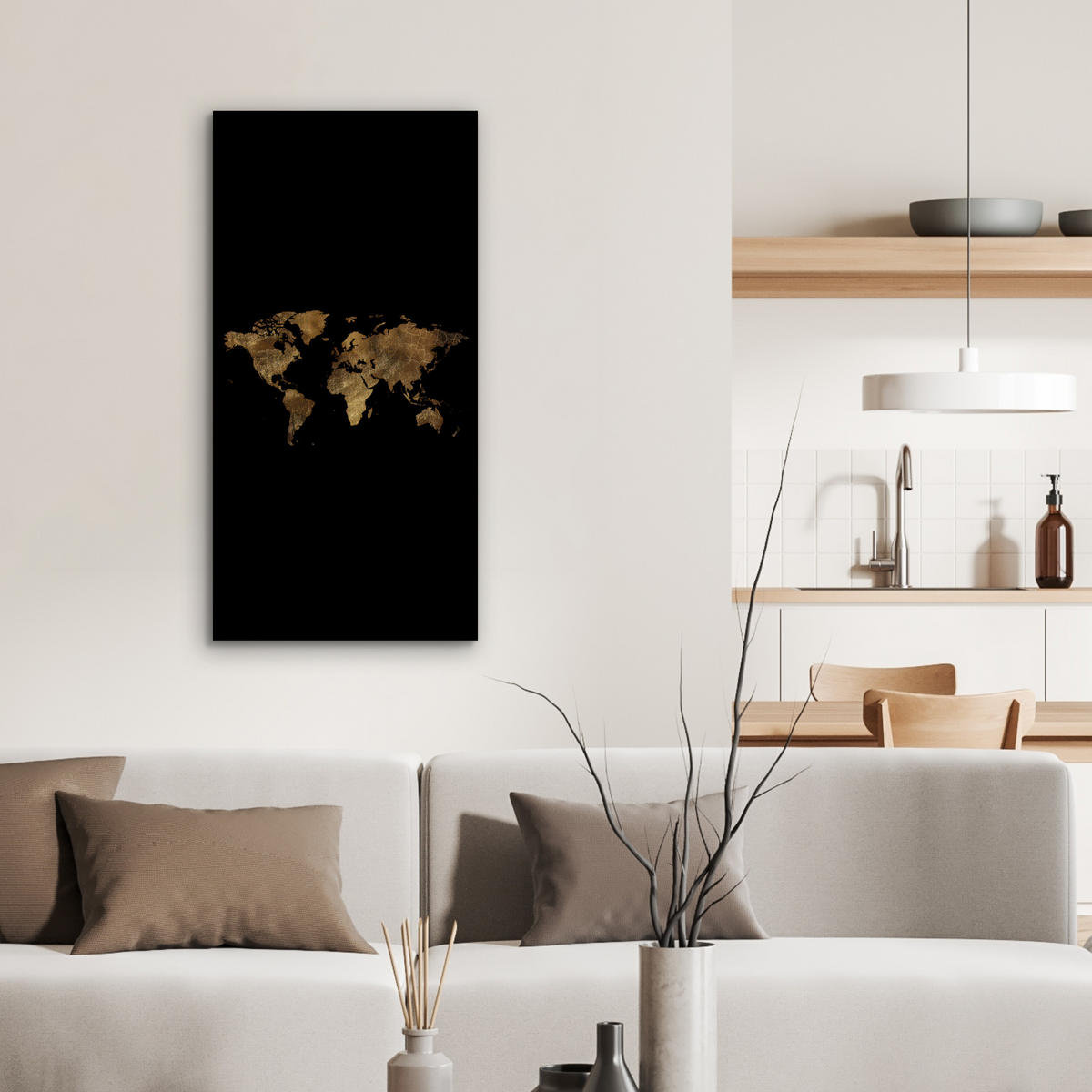 KOVOVÝ OBRAZ Mapa sveta - Zlato - Luxus - Zem - Čierna 40x80 cm - zlatá, kov (40/80cm) - MuchoWow
