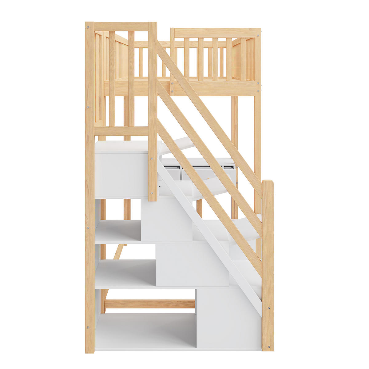 HOCHBETT 90/200 cm in Weiß & Eichefarben mit Aufbewahrungstreppe und Tisch - Naturfarben, Holz (90/200cm) - STILVORA