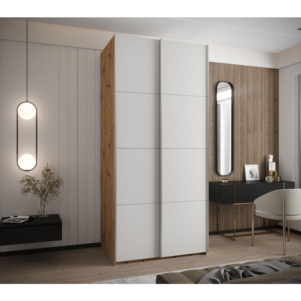 Thumbnail - Abiks Möbel Schwebetürenschrank, Eiche Artisan, Weiß, Silber, Metall, Nachbildung, 6 Fächer, 110x245x64 cm, Schlafzimmer...