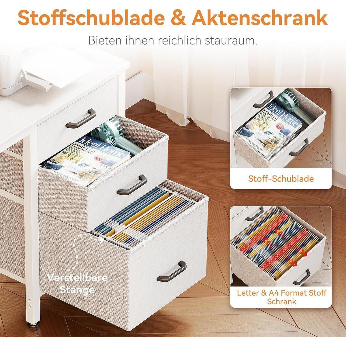 SCHREIBTISCH mit 3 Stoff Schubladen 120 x 48 cm Weiß - Weiß, Holzwerkstoff (120/48/75.7cm)