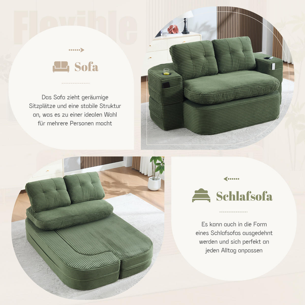 SCHLAFSOFA 2-in-1 Cordstoff Liegefunktion - Smaragdgrün, Textil (165/61/97cm) - Urban Meuble
