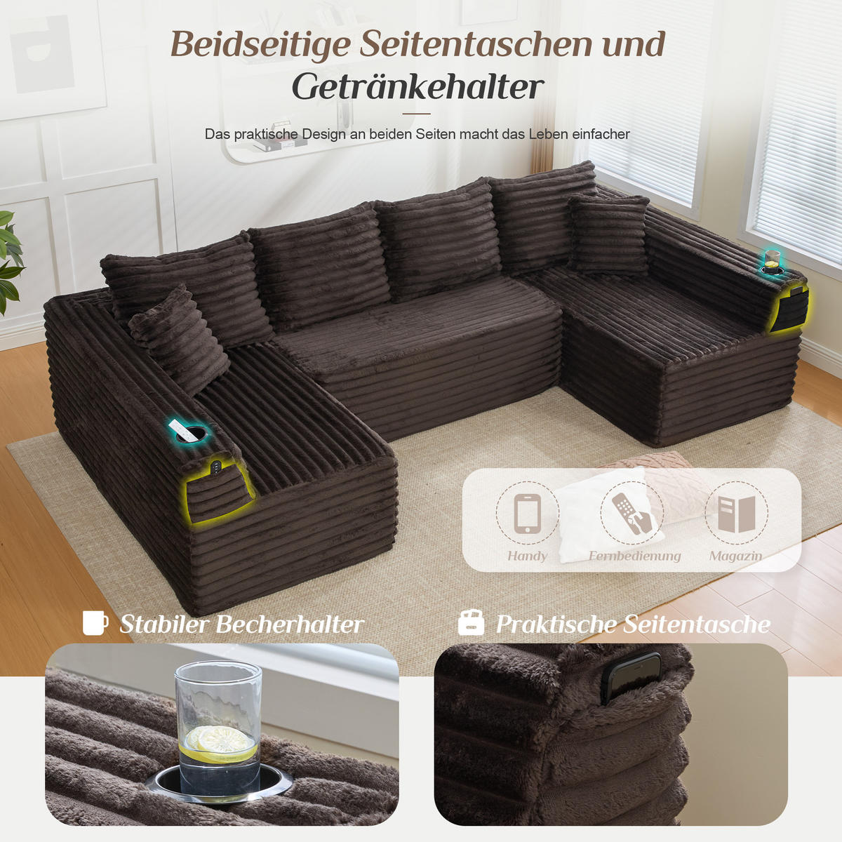 WOHNLANDSCHAFT 320/155/88 cm Braun mit Getränkehalter und Seitentasche - Braun, Textil (320/88/155cm) - Oxeza