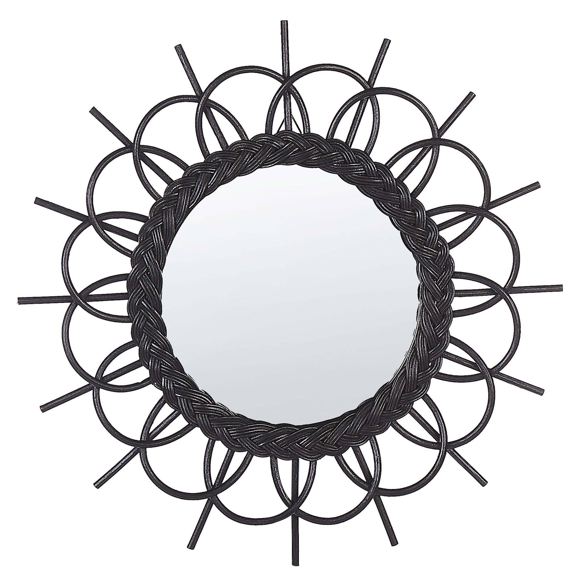 WANDSPIEGEL Rattan schwarz Sonnenform 60 cm Telakia - Schwarz, Naturmaterialen (60/60/3cm) - Beliani