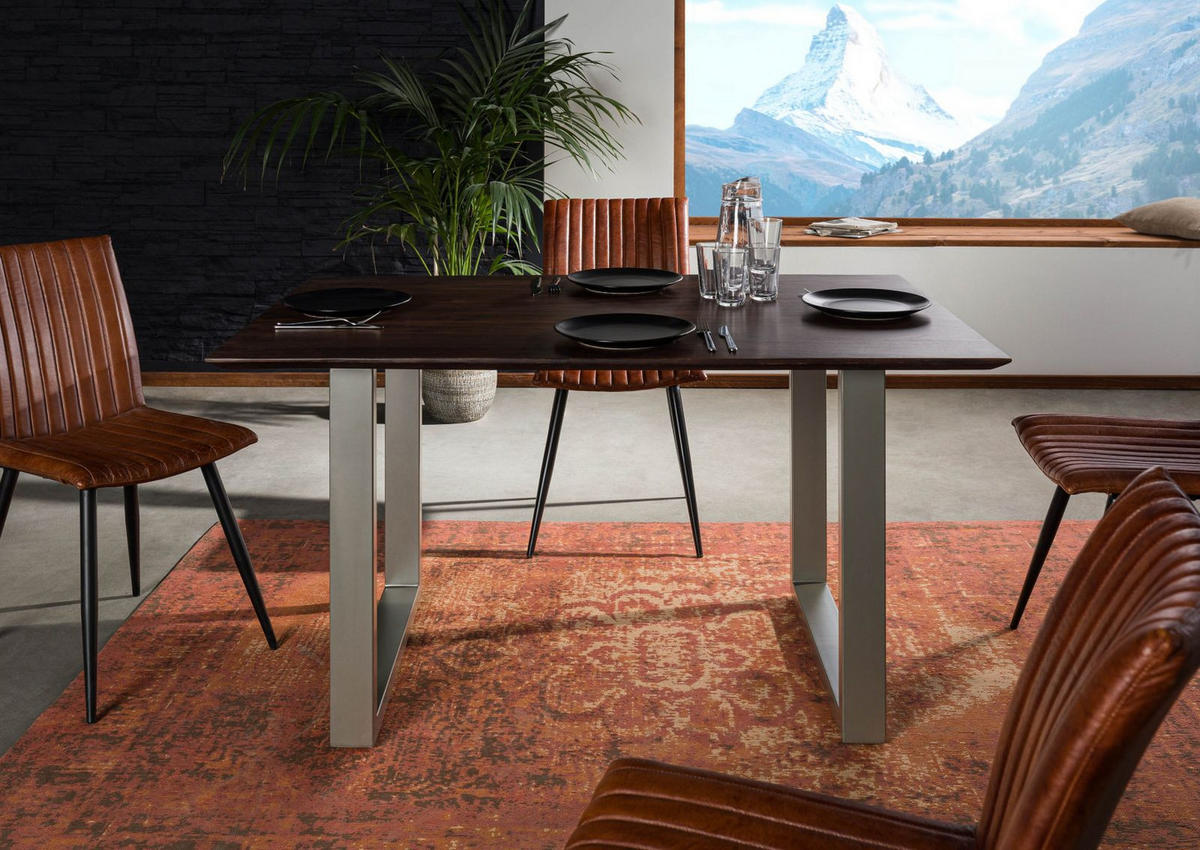 ESSTISCH Akazie 140x90 braun lackiert / U-Beine silber matt SWISS EDGE - Braun, Holz (90/140/76cm) - Massivmoebel24