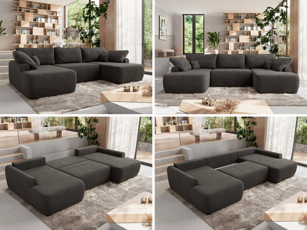 WOHNLANDSCHAFT CUBO U Dunkelgrau Velvet - Dunkelgrau/Schwarz, Kunststoff/Textil (370/100/187cm) - MKS