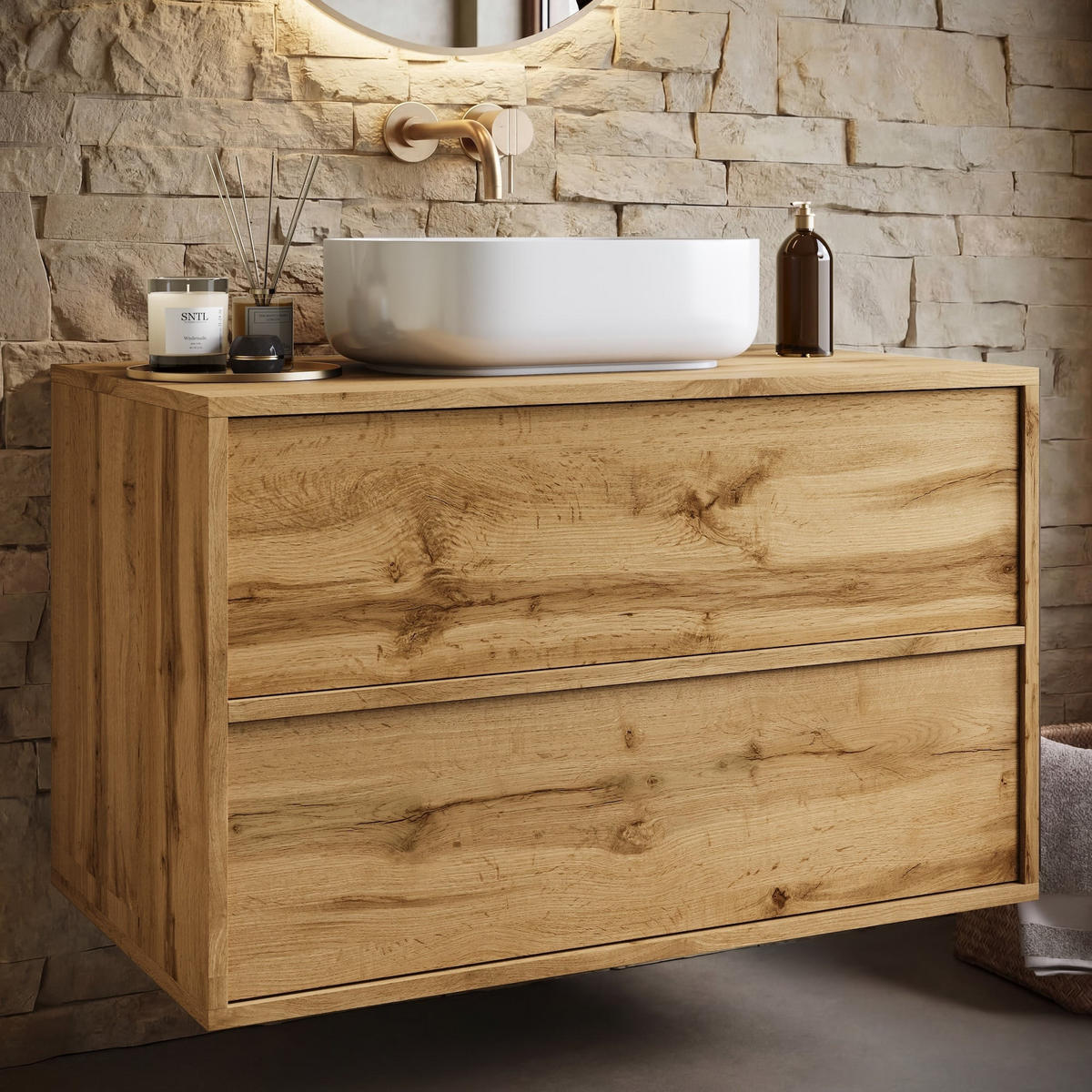 SKRINKA POD UMÝVADLO Mali 2 zásuvky dub - 80 x 46 x 54 cm - farba duba, drevo (80/54/46cm) - Badplaats