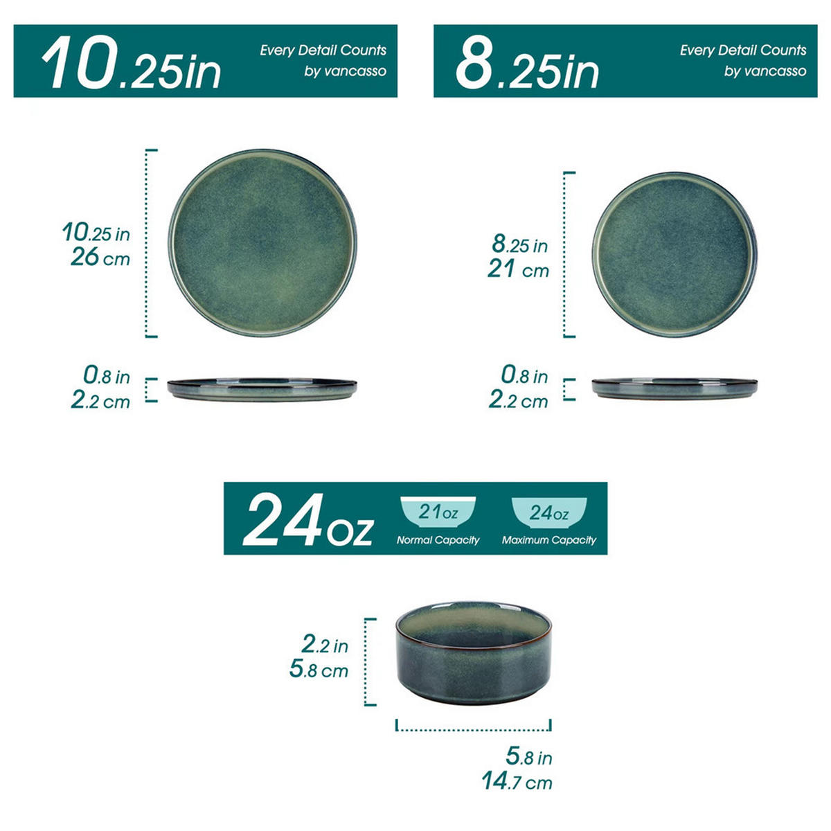 KOMBISERVICE 24-teilig Geschirrset Reaktive Glasur für 8 Personen - Grün, Keramik (26/2.2/26cm) - Kaket