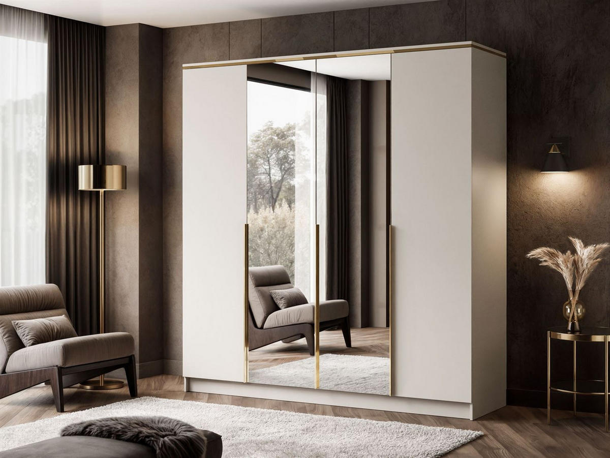 KLEIDERSCHRANK AURORA 4D mit Spiegel mit goldenen Griffen - Kaschmir/Goldfarben, Holzwerkstoff (200/213/57cm) - Lookway