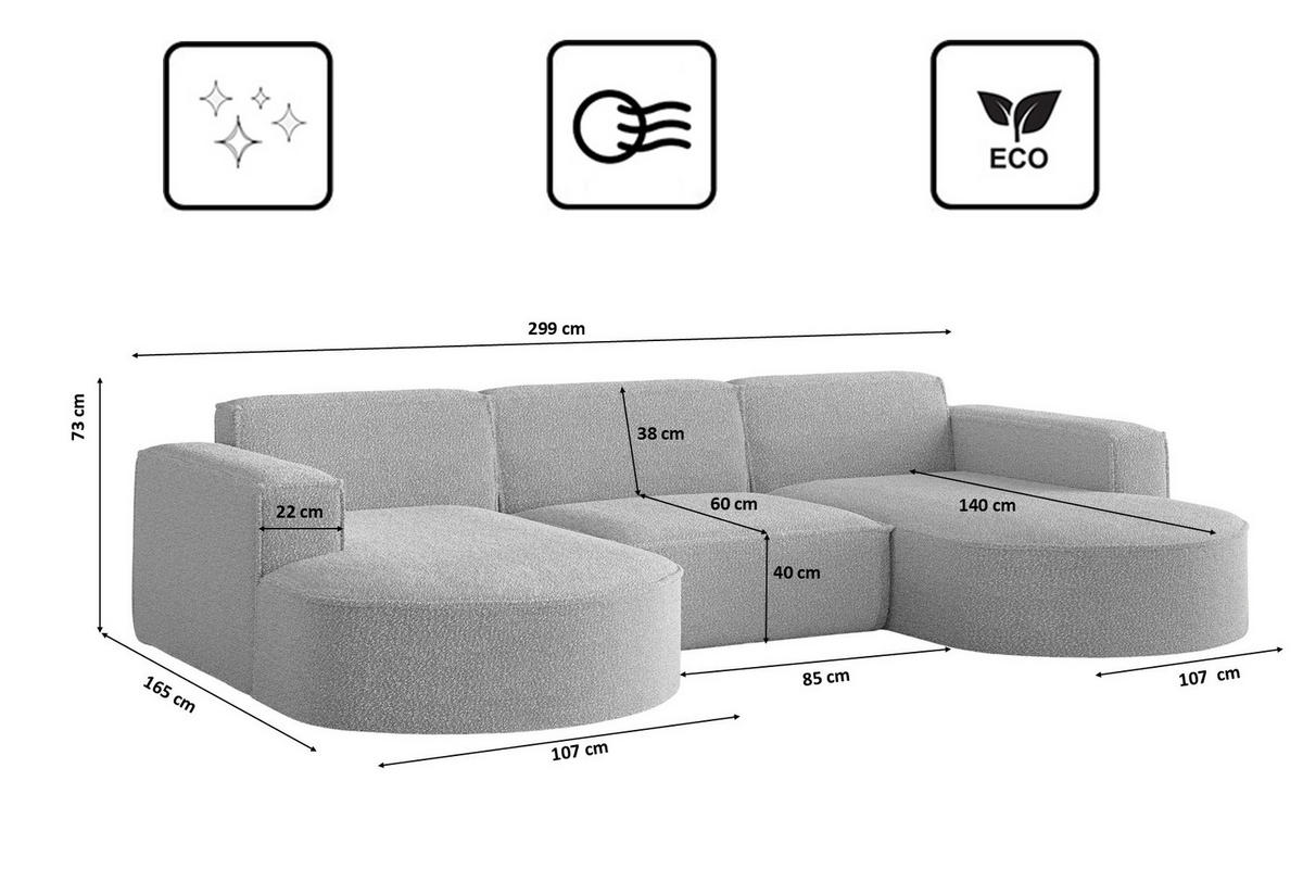 ECKSOFA Designer, Sofa U Form MODENA Stoff Loop Hellgrau - Hellgrau, Holz/Textil (299/165cm) - Kaiser Möbel